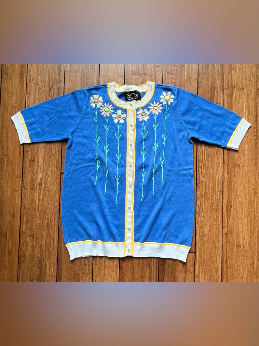 Bob Mackie Wearable Art Cardigan Blue Cobalt with Yellow Trim Size XS